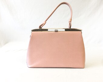 Vintage 60s Baby Pink Leather Top Handle Purse, 60s Leather Handbag