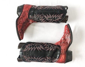 Vintage Acme Black and Red Leather Python Snake Embroidered Cowboy Boots, Men&#39;s Sz. 8D, Vintage Statement Western Cowboy Boots