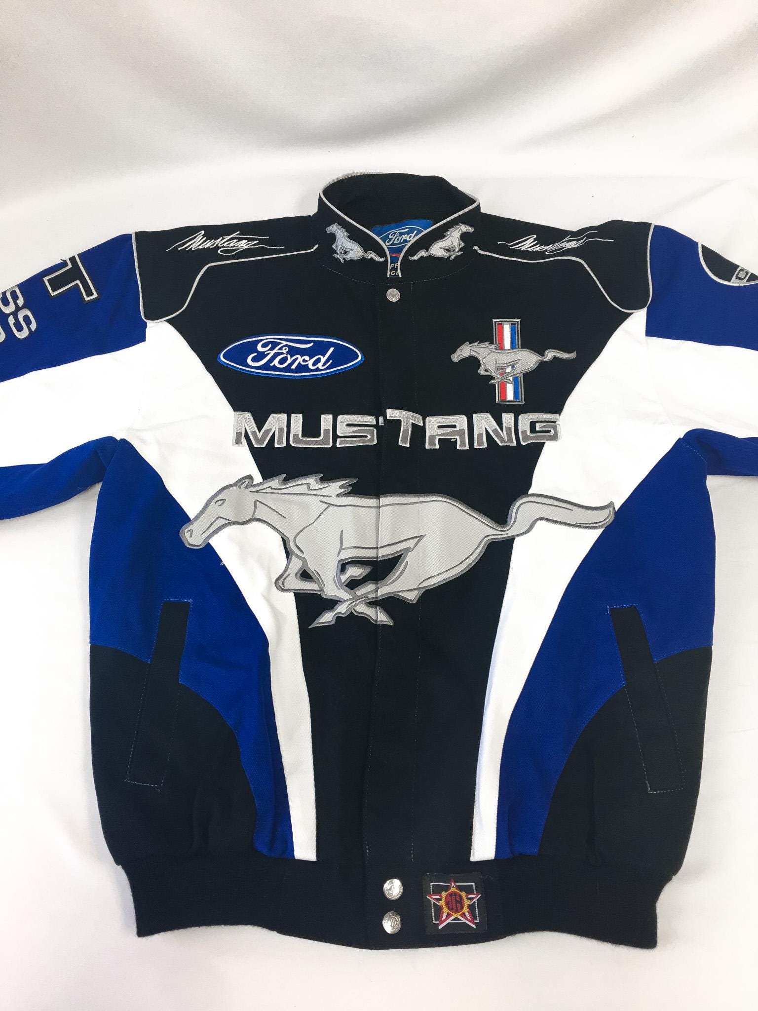 Ford Mustang NASCAR Black/blue Embroidered Horse Logo Racing 