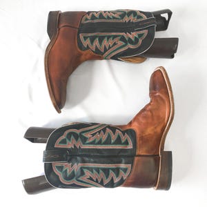 Vintage Tony Lama Black Brown Leather Square Toe Cowboy Boots with Red/Orange/Teal Embroidery, Style #1215, Men&#39;s Sz. 11D