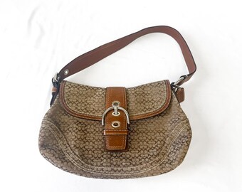 Y2K 00s Coach Ergo Framed Signature Brown Beige Kiss Lock Pleated