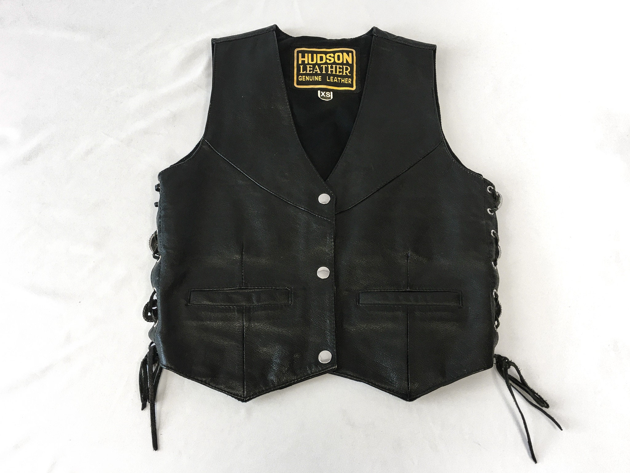 Vintage Hudson Leather Black Leather Vest With Lace-up Side Silver 