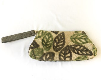 Vintage Offhand Designs Beige Clutch Wristlet with Fuzzy Leaf Details