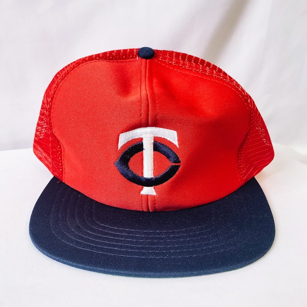 Vintage Red and Navy Minnesota Twins Embroidered Mesh Trucker Hat, Flat Brim Baseball Cap