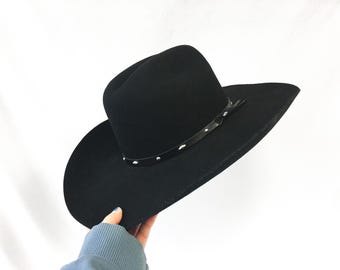2X Stallion by Stetson Black Felt Cowboy Hat with Leather Silver Stud Band, Sz. 6 7/8, Vintage Western Hat