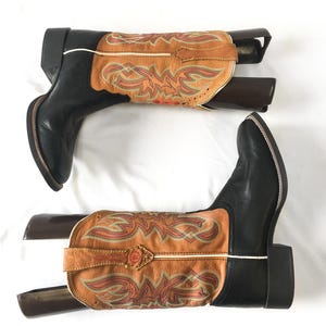 Vintage Inspired Tony Lama Black and Brown Leather Cowboy Boots with Multicolor Embroidery, Style #RR22113L, Men&#39;s Sz. 9B
