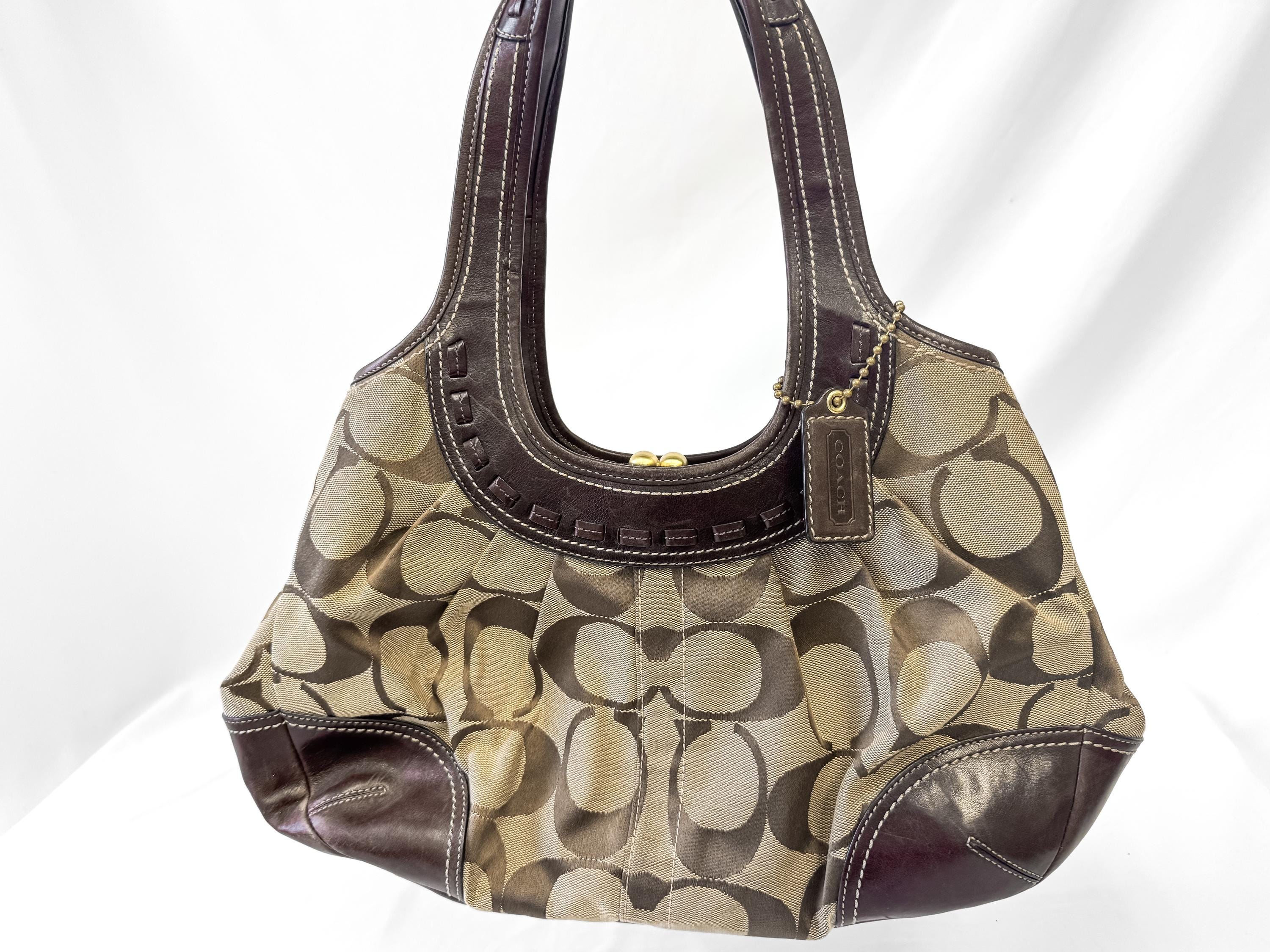 Y2K 00s Coach Ergo Framed Signature Brown Beige Kiss Lock Pleated 