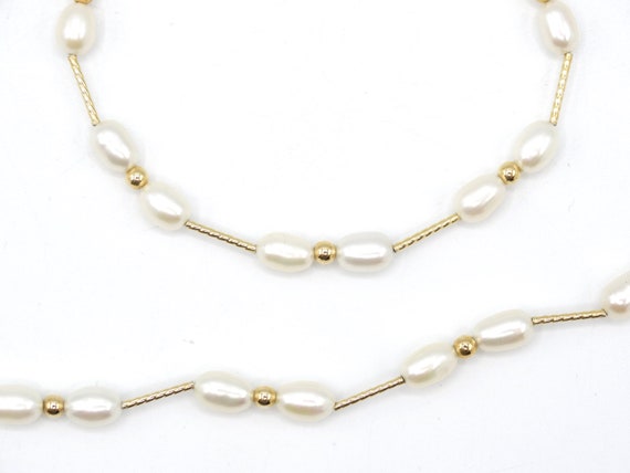 Dainty Vintage 14K Gold Tube Beaded Baroque Pearl… - image 3