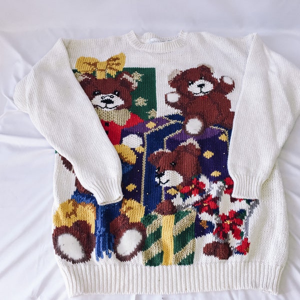 Vintage Lady Couture Teddy Bear Holiday Sweater, Vintage Christmas Sweater, Sz. XL