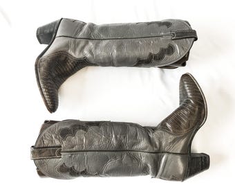 Vintage 70s Justin Gray Snake and Leather Stacked Heel Cowboy Boots, Style #4412, Women&#39;s Sz. 7.5C, 70s Western Boots