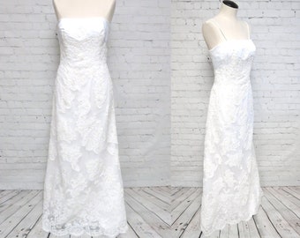 Vintage, Alfred Angelo, Beaded Lace Wedding Dress, Removable Spaghetti Straps, Scalloped Hemline, Strapless Bridal Gown, White Wedding