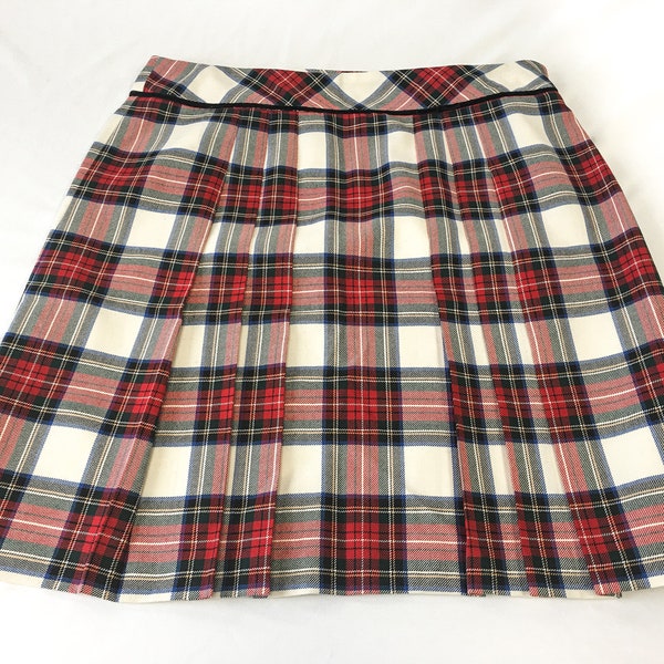 Vintage 90s Pendleton Red and Cream Pleated Plaid Wool Skirt, Sz. 16 Petite