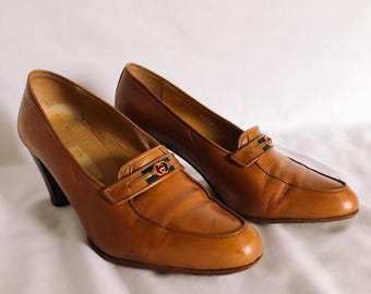 Vintage GUCCI Penny Loafer Light Brown Pumps, Sz. 37B, Approx. US Sz 6.5 AUTHENTICATED, Vintage Designer Preppy Academia Shoes