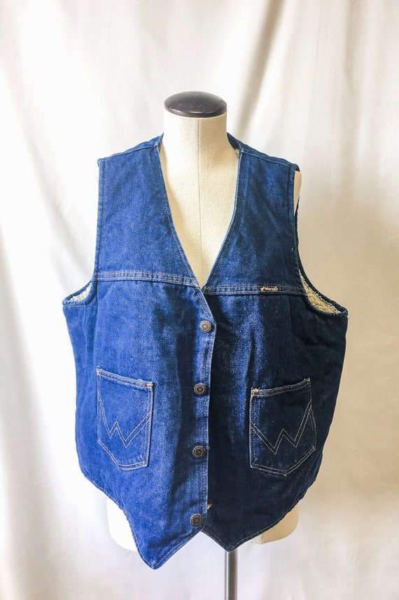 Vintage 70s Wrangler Sherpa Lined Denim Vest Denim - image 1