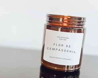 Mexican Marigold and Cedar Musk-Flor de  Cempasúchil, Ofrenda , Day of the Dead Candle and Fall Candle Day of the Dead Decor Altar Candle