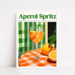 Póster de Aperol Spritz: Impresión de cóctel vintage, arte mural para cocina de verano, receta de bebida italiana, decoración de bar, ilustración retro de aperitivo