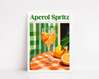 Póster de Aperol Spritz: Impresión de cóctel vintage, arte mural para cocina de verano, receta de bebida italiana, decoración de bar, ilustración retro de aperitivo