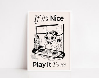 Retro DJ Cat Wall Art Print If It's Nice Play It Twice Funny Cat Poster Music Lover Decor Aesthetic Vintage Kitty DJ Room Art