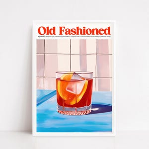 Ouderwetse poster – klassieke print van whiskycocktailrecept, retro bar muurkunst, bourbondrank illustratie, vintage stijl huisdecor