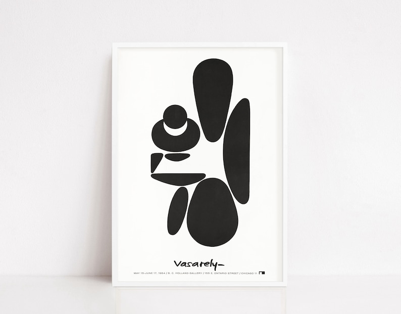 May include: Black and white abstract art print featuring geometric shapes. The print is framed in a white frame and has the text "Vasarely" at the bottom.