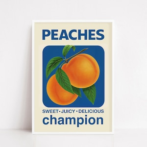 Vintage Peaches Poster – Retro Fruit Print, Kitchen Wall Art, Sweet Juicy Delicious Peach Illustration, Farmhouse Decor