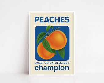 Vintage Peaches Poster – Retro Fruit Print, Kitchen Wall Art, Sweet Juicy Delicious Peach Illustration, Farmhouse Decor