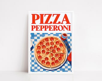 Pepperoni Pizza Art Print – Retro Italian Diner Poster, Food Wall Decor, Kitchen Art, Pizzeria Style Illustration