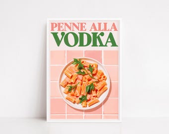 Penne alla Vodka Art Print – Retro Pasta Poster, Pink Kitchen Wall Decor, Italian Food Illustration, Playful Culinary Art