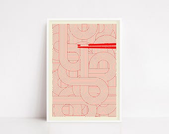 Minimalist Ramen Poster - Modern Japanese Noodle Art - Geometric Food Illustration - Red & Beige Kitchen Decor - Abstract Line Art Print