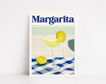 Margarita Poster – Tequila Cocktail Recipe Wall Art, Retro Mexican Drink Print, Lime Kitchen Decor, Summer Bar Illustration