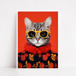 Póster de gato de moda, estampado de gato, póster de animales, arte de pared de animales, pósteres de pared, pósteres de animales pop, regalo para amantes de los gatos, póster divertido de gato, decoración de gatos