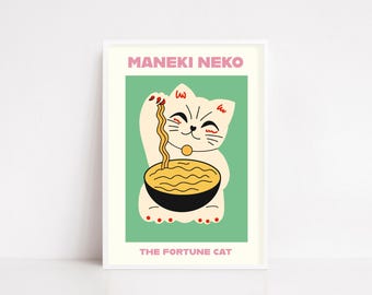 Póster de Maneki Neko - Impresión de gato de la suerte japonés - Arte mural de gato de la suerte - Decoración minimalista de cocina - Ilustración estética asiática - Kawaii Neko