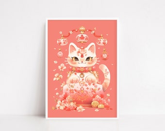 May include: A white cat with pink and gold accents sits on a pink and gold pedestal. The cat is wearing a pink and gold collar and has a pink and gold flower on its head. The cat is surrounded by pink and gold flowers and leaves.