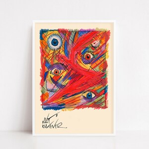 May include: An abstract art print with multiple eyes in shades of blue, red, and orange. The artwork has a vibrant, colourful design with a mix of lines and shapes. The artist's signature is visible in the bottom left corner.