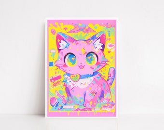 May include: A vibrant, colorful print of a cartoon cat with large eyes and a heart-shaped pupil. The cat is pink with blue, yellow, and purple accents. The background is yellow with various cartoon elements. The print is framed in white.