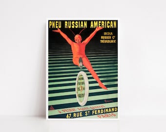Leonetto Cappiello Vintage Poster – Pneu Russian American Tyre Ad – French Art Deco Print – 1920s Advertising Artwork – Retro Wall Decor