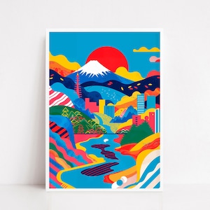 Colorful Japan Landscape Wall Art Print, Mount Fuji Poster with Vibrant City and Nature Scene, Modern Travel Inspired Home Decor