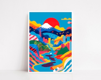 Colorful Japan Landscape Wall Art Print, Mount Fuji Poster with Vibrant City and Nature Scene, Modern Travel Inspired Home Decor