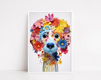 May include: A blue and white dog sculpture with a colorful flower crown. The flowers are made of plastic and are in shades of pink, yellow, orange, red, and blue.