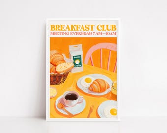 Breakfast Club Art Print – Retro Morning Poster with Coffee & Pastries, Colorful Kitchen Wall Decor, Café Style Illustration