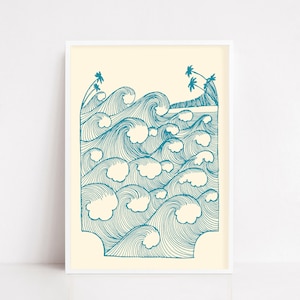 Vintage waves illustration poster / beach poster / vintage waves print / retro poster / surf poster