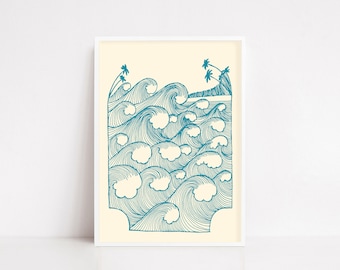 Vintage waves illustration poster / beach poster / vintage waves print / retro poster / surf poster / coastal wall decor