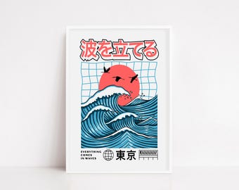 Tokyo Wave Poster – Japanese Retro Style Wall Art, Everything Comes in Waves Print, Vaporwave Ocean Aesthetic, Red Sun Graphic Poster