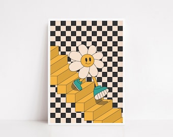 Smiley Flower Poster – Trippy Checkerboard Wall Art, Retro Daisy Art Print,  Colorful Funky Room Decor - Aesthetic poster