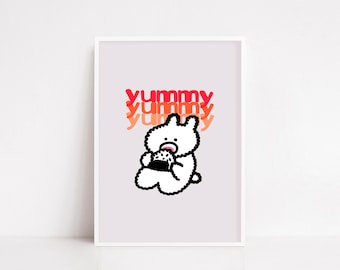 Yummy Yummy Cute Bunny Eating Onigiri Art Print Kawaii Japanese Food Wall Poster Fun Minimal Kitchen Decor Playful Rabbit Illustration
