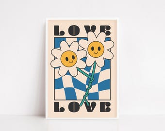 Love Aesthetic Poster – Smiley Daisy Wall Art, Retro Y2K Flower Print, Cute Groovy Couple Decor, Funky Wavy Check Art - modern wall art