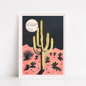 Cactus Moonrise Desert Poster – Colorful Southwestern Night Landscape Wall Art - Saguaro cactus print -boho desert poster - cactus wall art