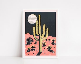 Cactus Moonrise Desert Poster – Colorful Southwestern Night Landscape Wall Art - Saguaro cactus print -boho desert poster - cactus wall art