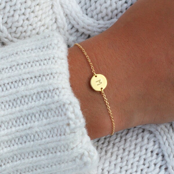 Personalized Bracelet, Coin Bracelet, Stamped Bracelet, Mom Bracelet, Dainty Bracelet, Letter Bracelet, GOLD, SILVER ROSE Gold Disk Bracelet