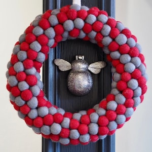 Christmas Red & Grey Felt Ball Door Wreath | PomPom Ball Door Hanger  | Home and Country, Cottage Decor | Lovely Felt Wool Circular Wreath